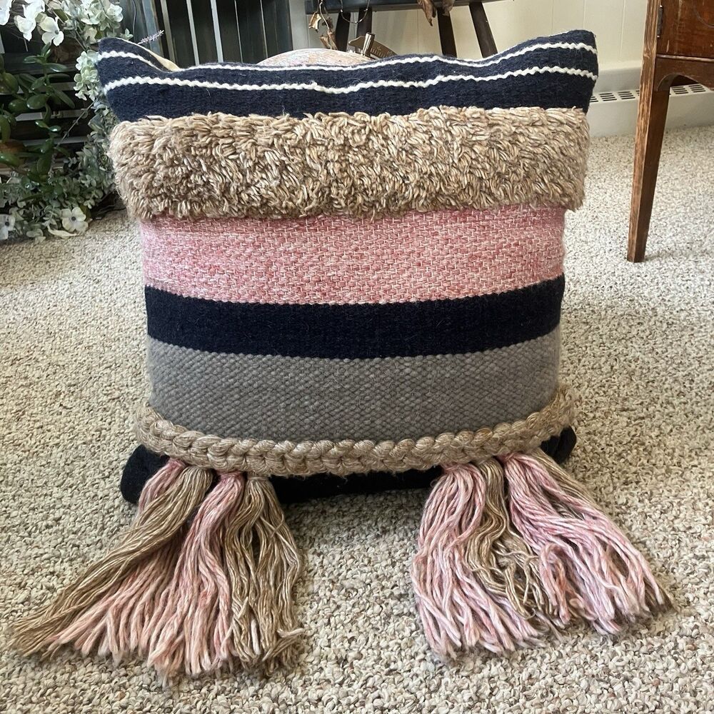 World Market Fringe Pillow Wool Cotton Boho Neutral Blue Pink Tan Braided Hippie - Picture 2 of 9